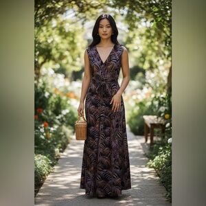 NWOT Wrap Black & Purple Tropical Print Long Flowy Maxi Dress XS